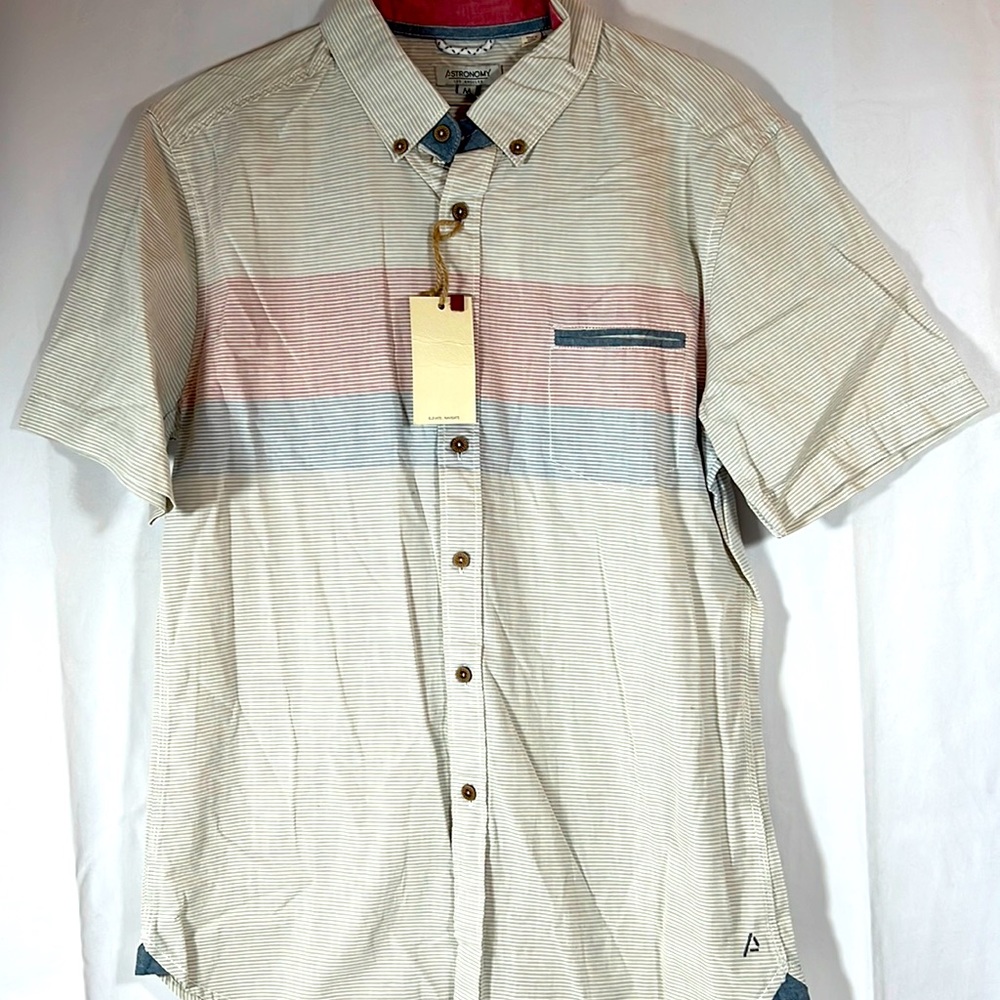 ASTRONOMY Men's Tan Casual Button-Down Short Sleeve Shirt Top Size Medium